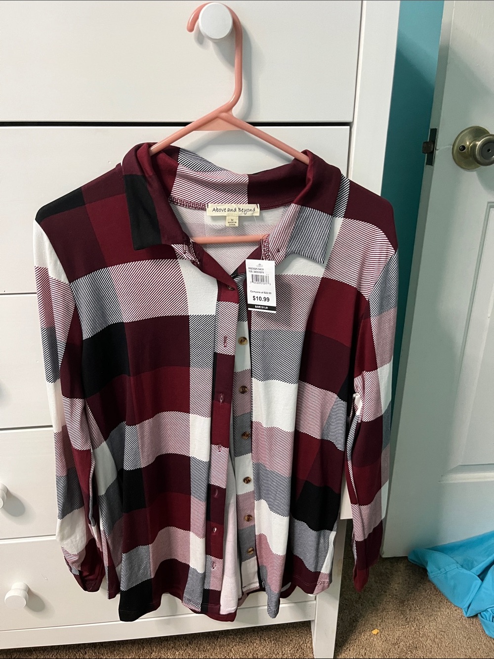 Above and Beyond Women's Burgundy Plaid Button-Down Shirt